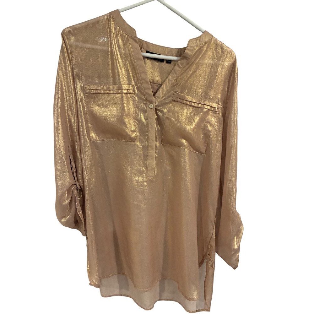 Apt. 9 Metallic Gold Shimmer Roll Tab Sleeve Blouse Top Medium